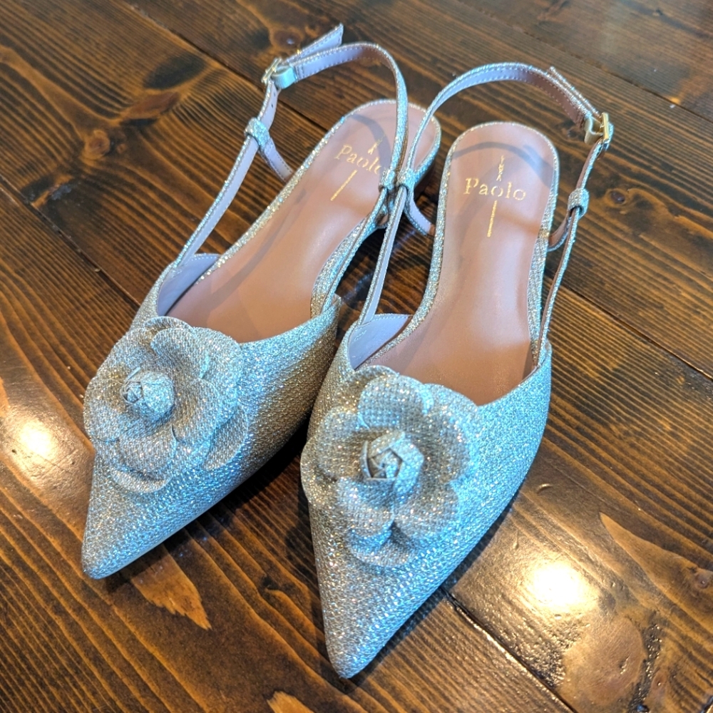 Linea Paolo Champagne Metallic Slingback Heels with Floral Detail
